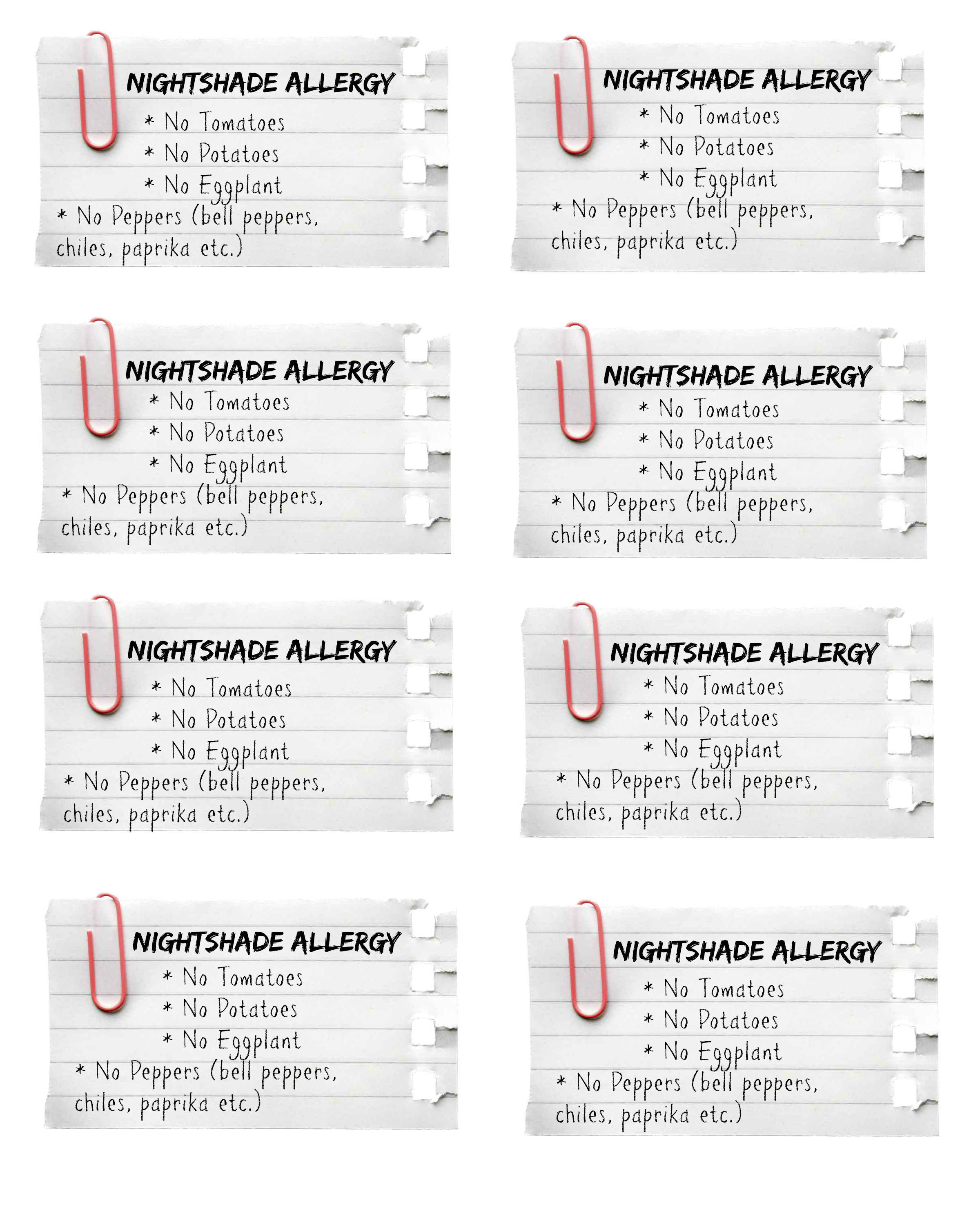 Printable Allergy Card Template