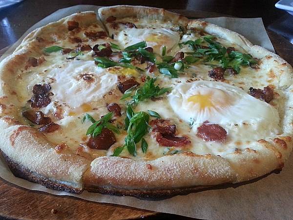 Weekend Brunch at Lazy Dog - Irvine, California - Sunny Side Up Pizza