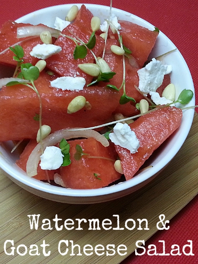 Watermelon Goat Cheese Salad Recipe with pine nuts and arugula microgreens