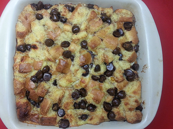 baking dish with dark chocolate bread pudding