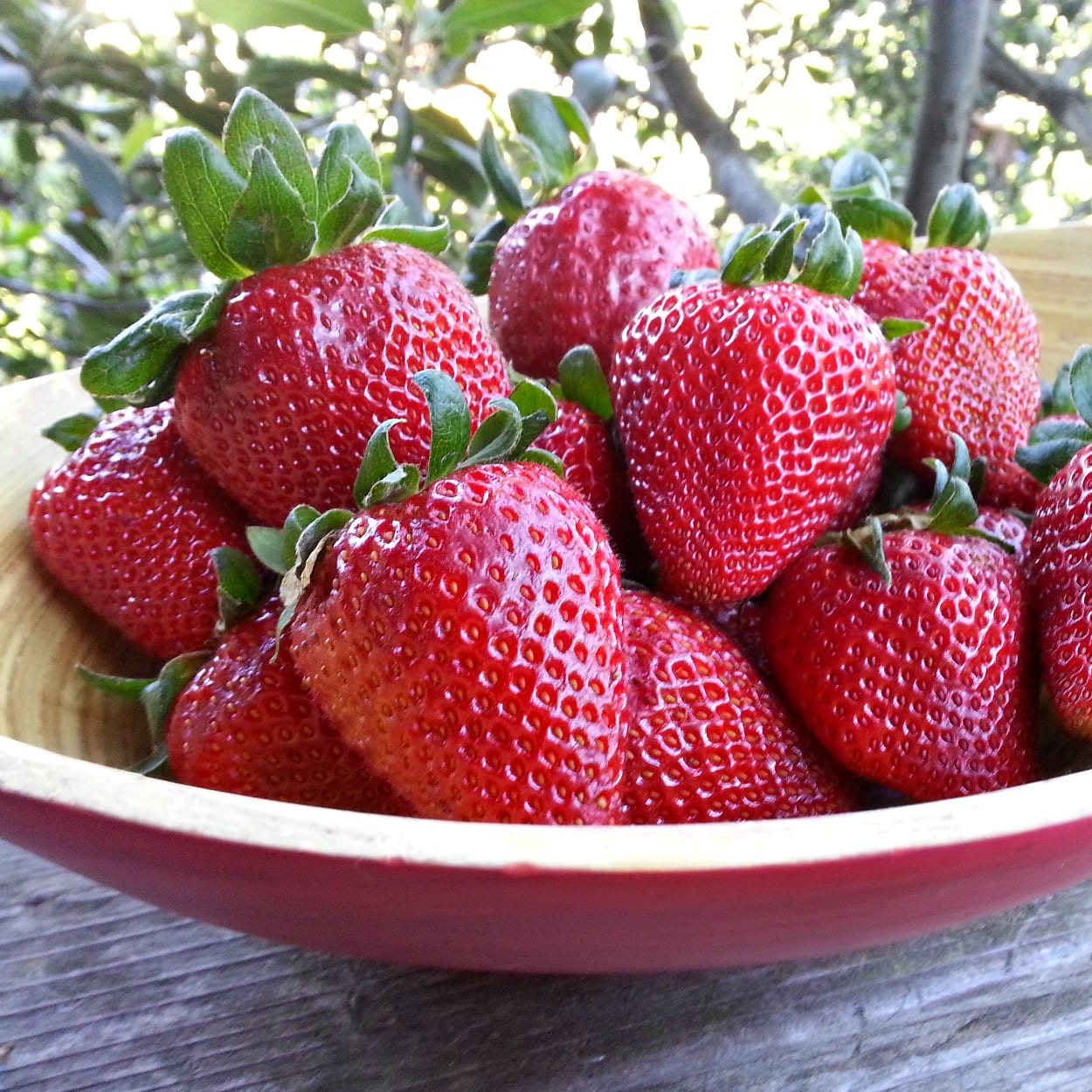 wood bowl filled with strawberries