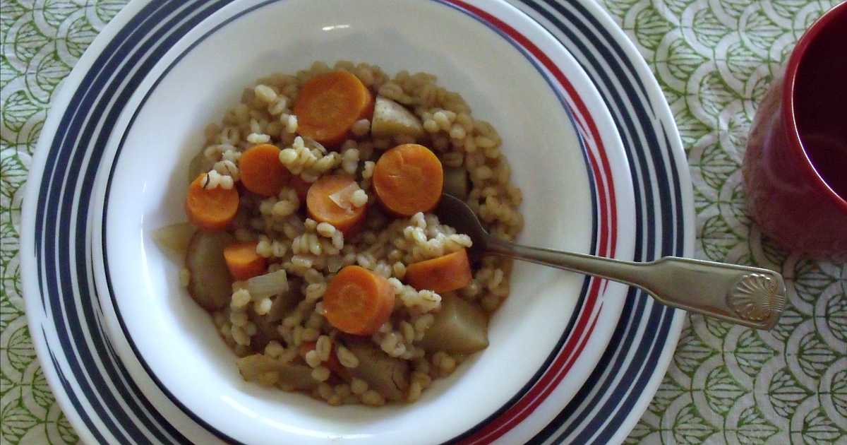 overhead picture of vegan barley stew in bowl