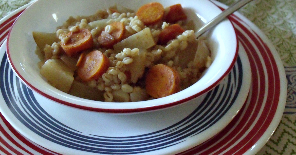 red white blue dishes with barley stew