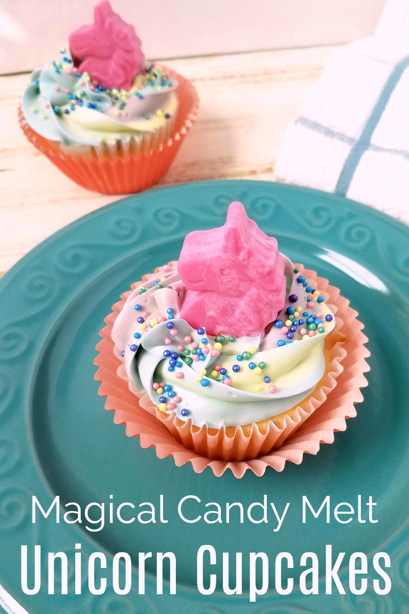 Magical DIY Candy Melt Unicorn Cupcakes - Cupcake tutorial with instructions for multicolored frosting, colorful sprinkles and a unicorn candy topper