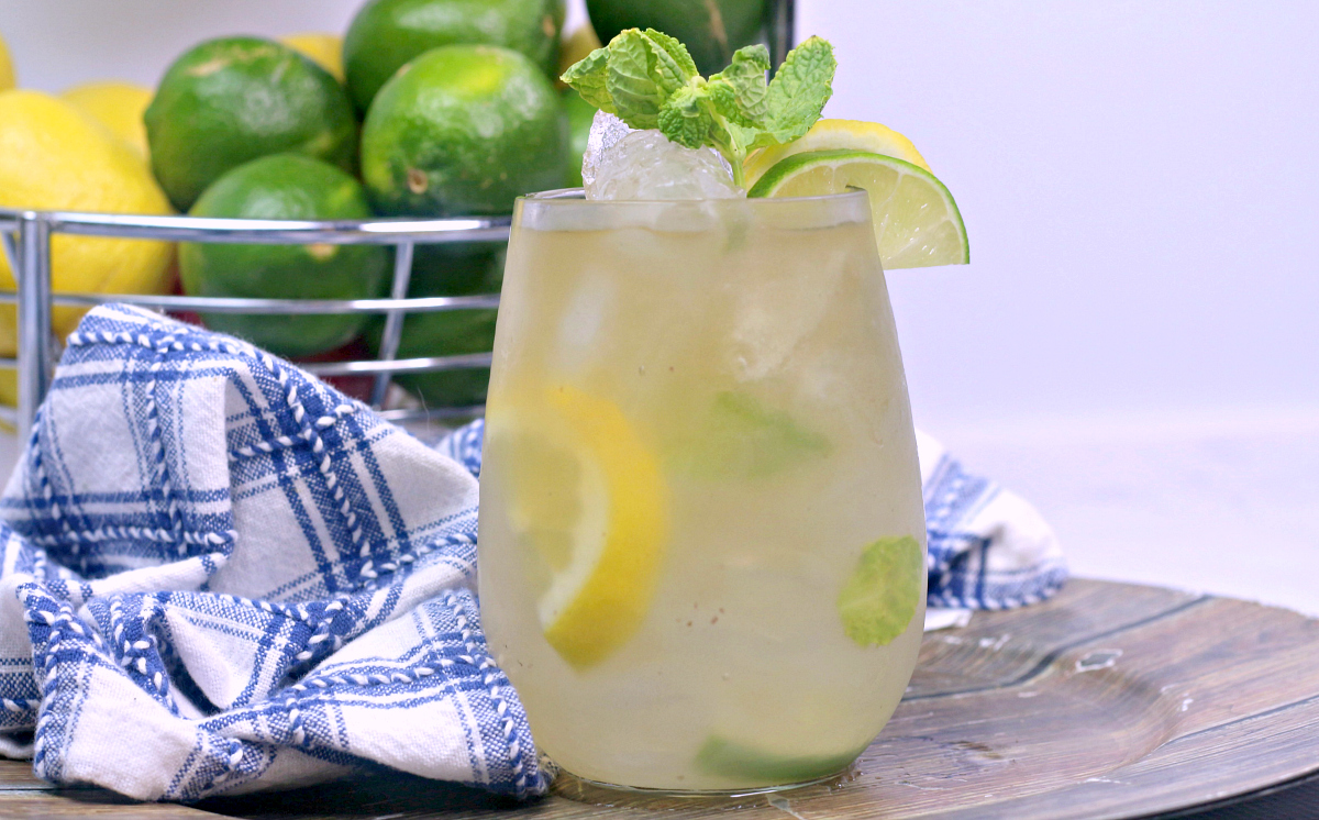 cocktail on wood tray