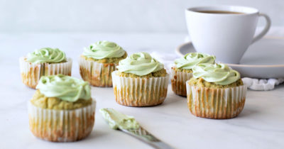 feature matcha cupcakes coffee cup frosting on knife