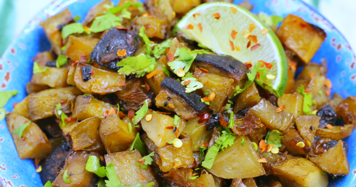 overhead view of vegetarian cuban potatoes