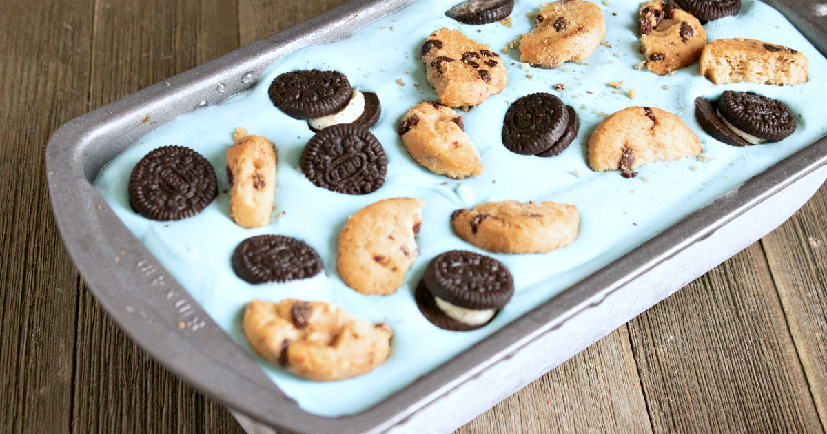pan filled with cookie monster ice cream