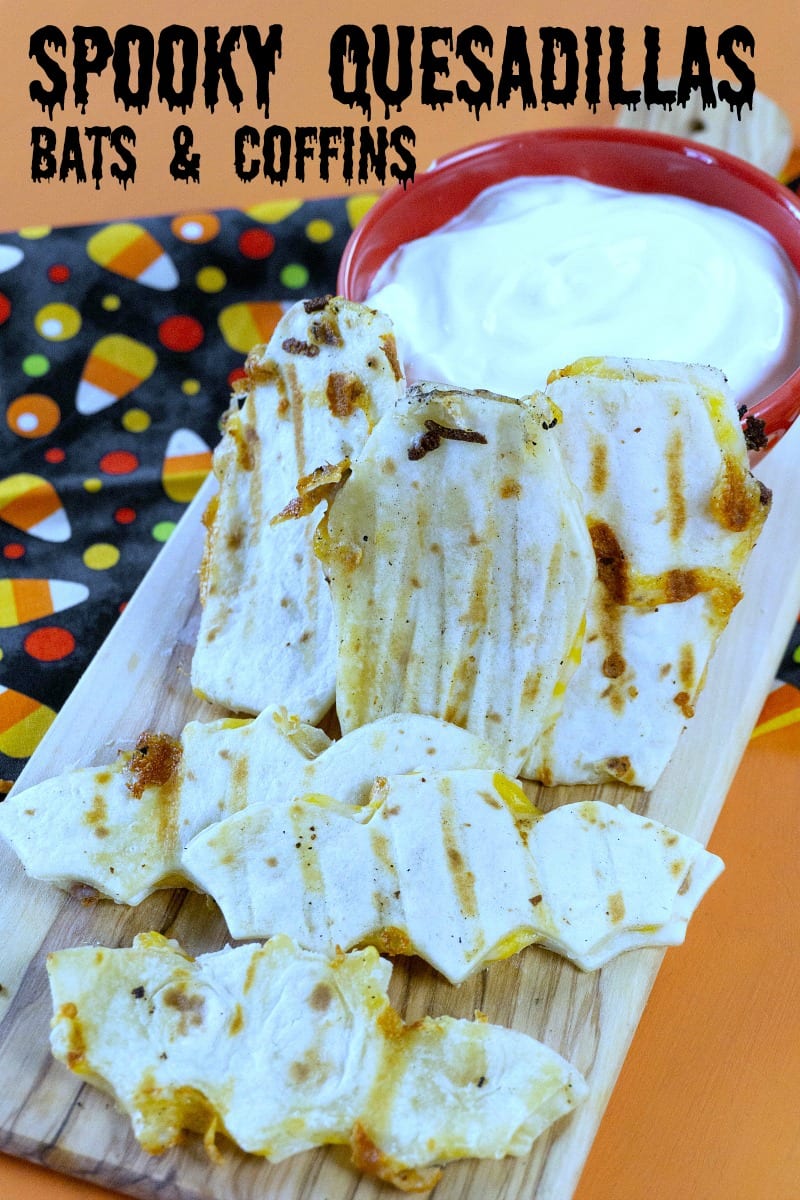 Spooky Halloween Quesadilla Recipe - Bats and Coffins! #halloween #halloweenfood #halloweenparty #quesadilla #partyfood #spooky #spookyfood #bat #bats #coffins