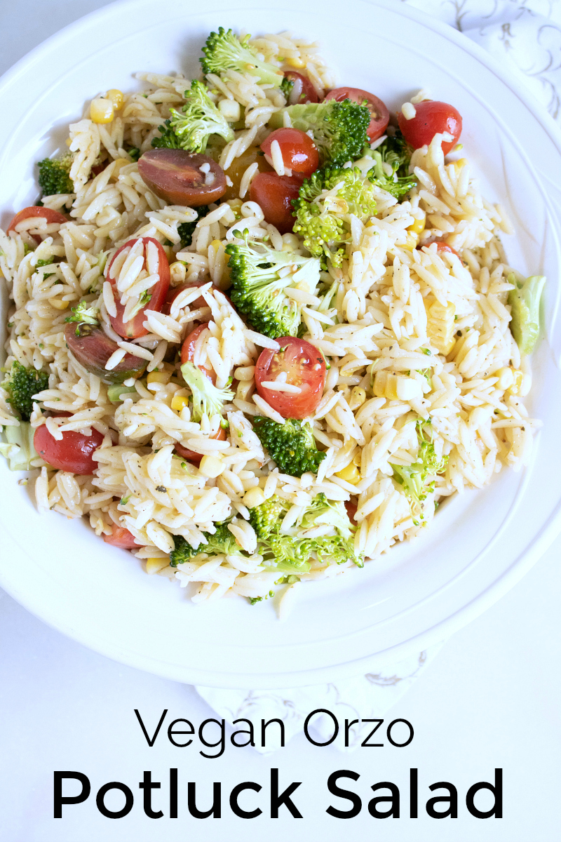 Vegan Orzo Potluck Salad Recipe - Crowd Pleasing Side Dish that is perfect for a picnic, potluck or party