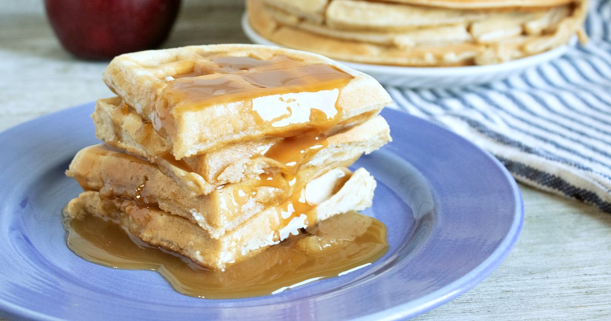 blue plate with stack of applesauce belgian waffles