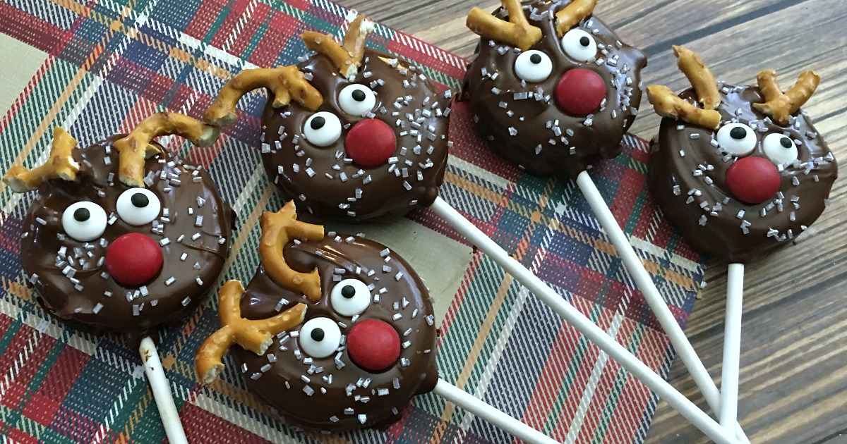 five reindeer oreo pops on plaid background