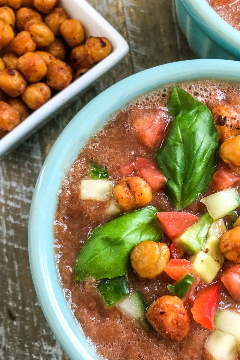 chilled gazpacho with roasted chickpeas recipe #glutenfree #gazpacho #coldsoup #chilledsoup