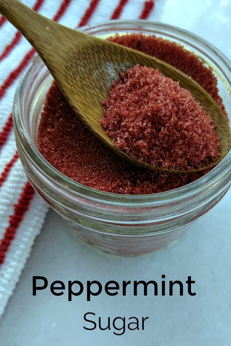 Peppermint Sugar Recipe - Mason Jar Gift with free printable labels #foodgift #homemade #homemadegift #christmasgift #masonjar #masonjargift #flavoredsugar #holidaygift #peppermint #peppermintsugar