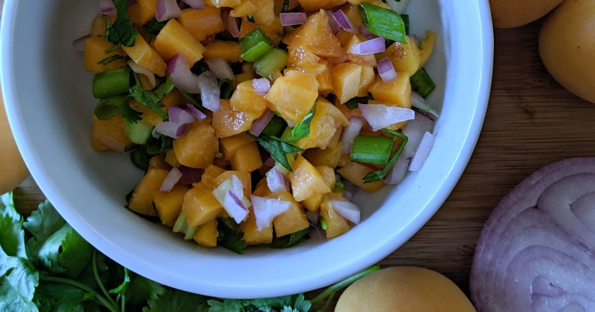 overhead view of white bowl filled with apricot salsa