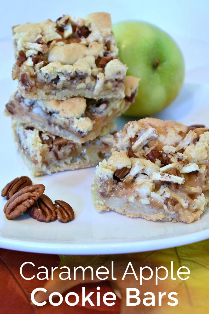 pin caramel apple cookie bars and fall leaves