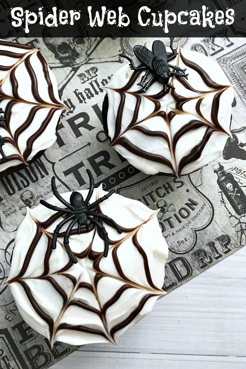 Easy DIY Halloween Spider Web Cupcakes #Halloween #HalloweenCupcakes #Cupcake #Cupcakes #SpiderCupcakes #SpiderWebCupcakes #CakeDecorating #SpiderWeb #PartyFood #HalloweenParty #HalloweenPartyFood