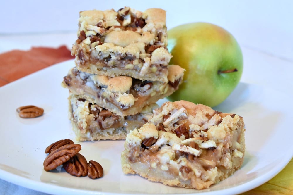 plate of caramel apple cookie bars