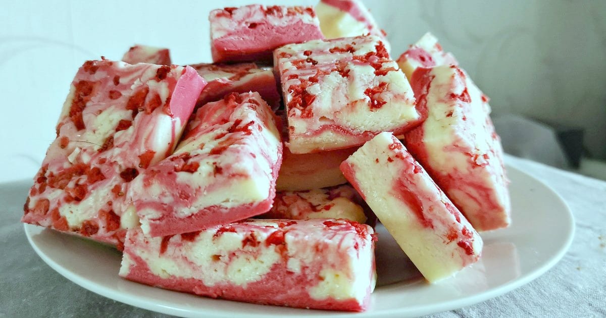 plate of red and white swirl fudge