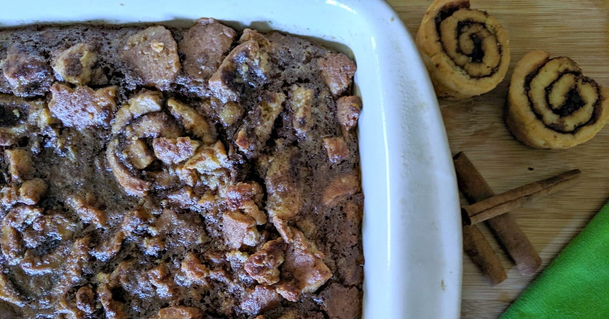 feature cinnamon roll bread pudding in baking dish