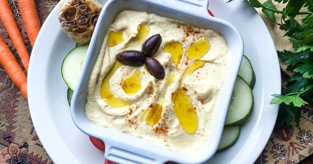 feature easy roasted garlic hummus dip