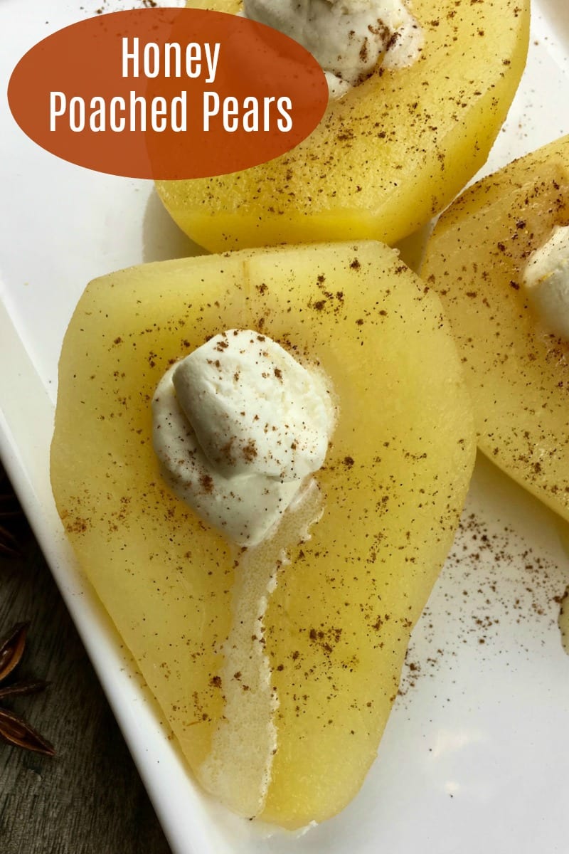 pin poached pears on white platter