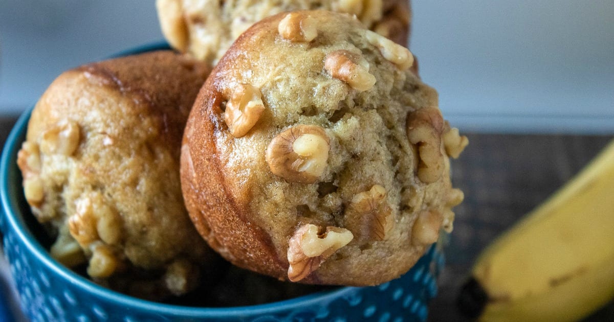 close up banana nut muffins