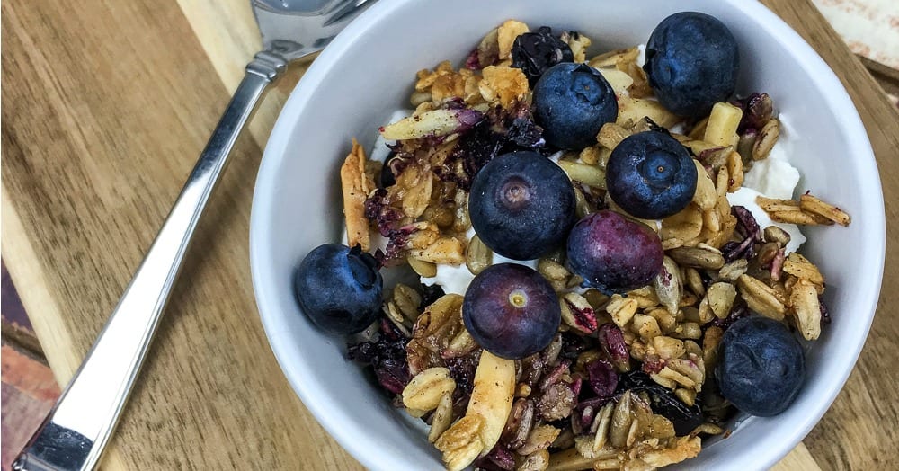 white bowl with homemade blueberry vanilla granola