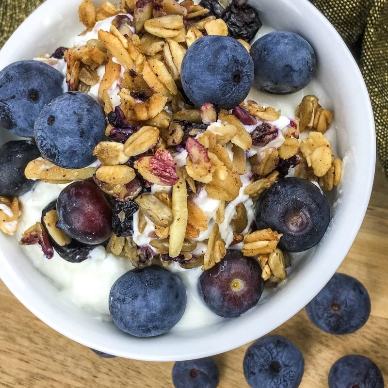 overhead view of vanilla blueberry granola