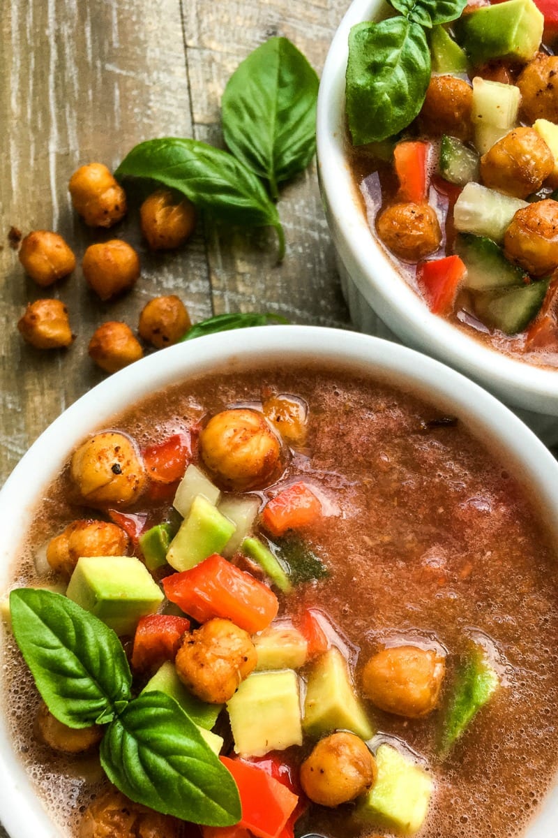 chilled gazpacho with roasted chickpeas recipe #glutenfree #gazpacho #coldsoup #chilledsoup