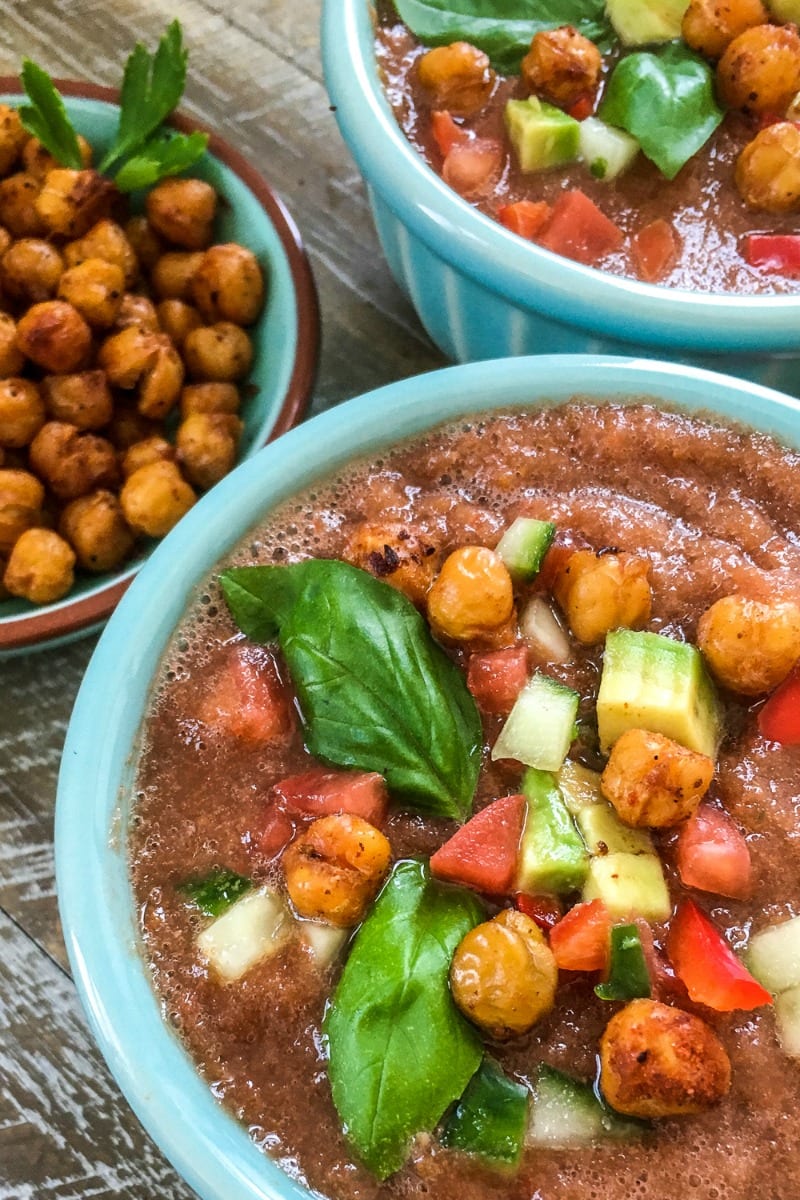 chilled gazpacho with roasted chickpeas recipe #glutenfree #gazpacho #coldsoup #chilledsoup