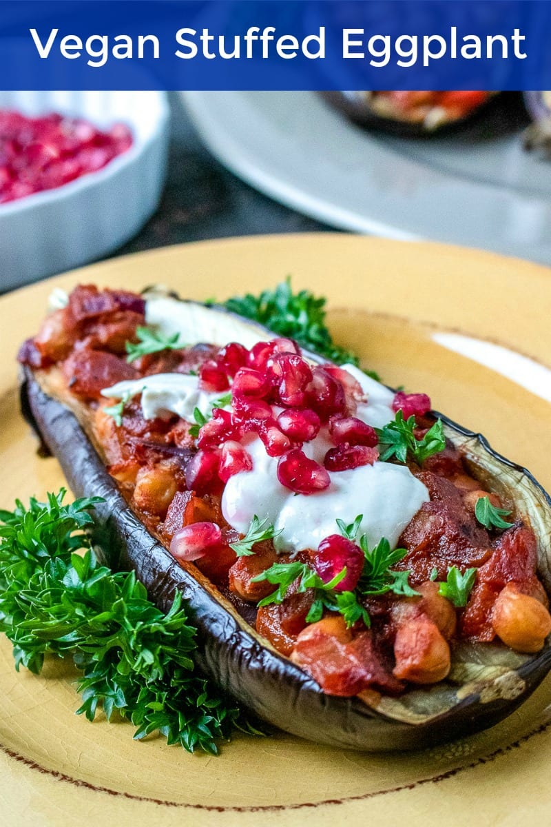 Make this vegan stuffed eggplant recipe, when you want a delicious, easy meal.  The tahini dressing and pomegranate arils are the perfect toppings, so