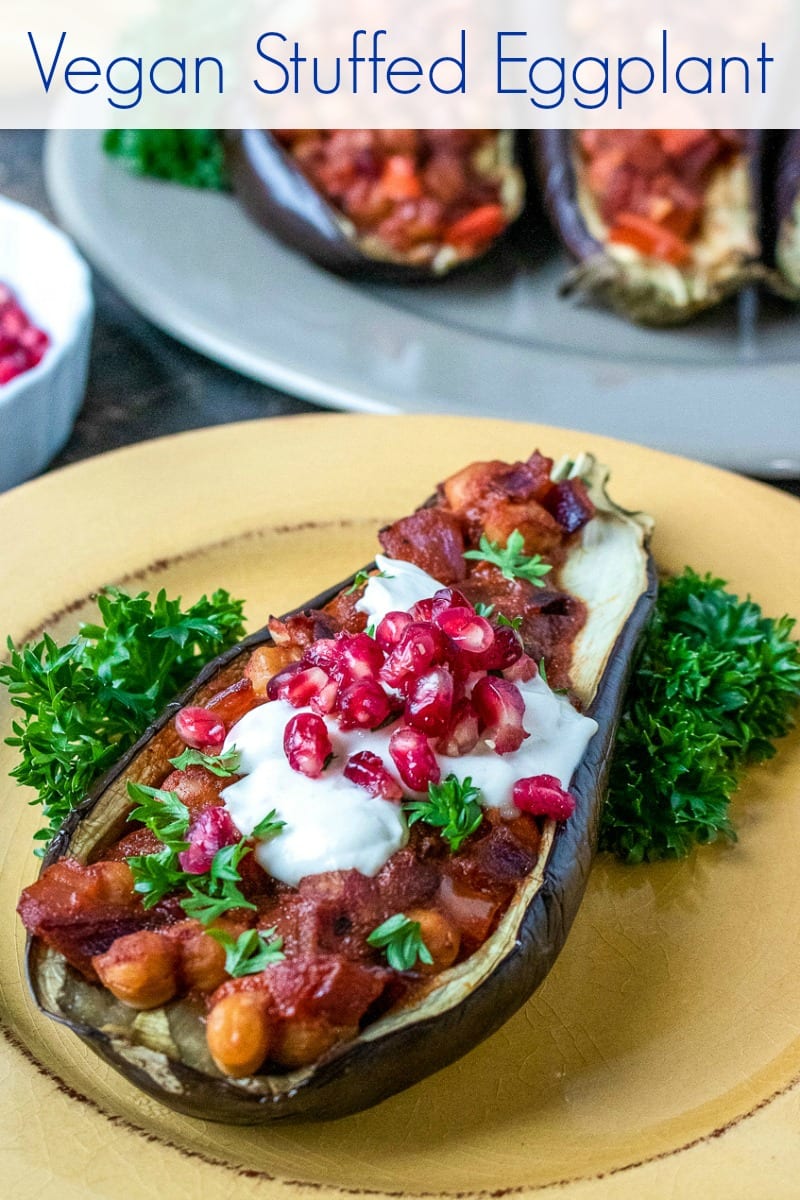 Make this vegan stuffed eggplant recipe, when you want a delicious, easy meal.  The tahini dressing and pomegranate arils are the perfect toppings, so