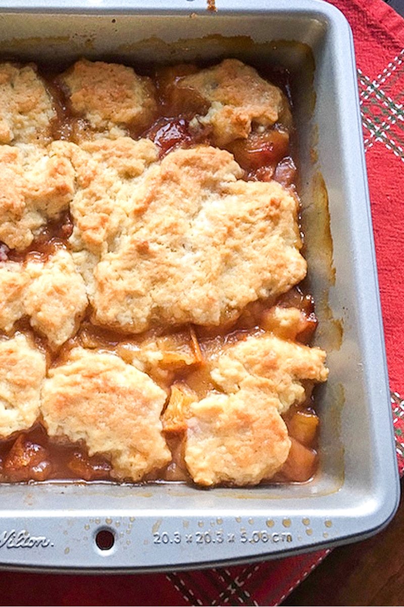 no text pin peach cobbler in pan