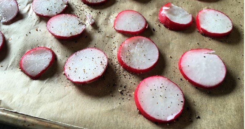 radishes on roasting pan