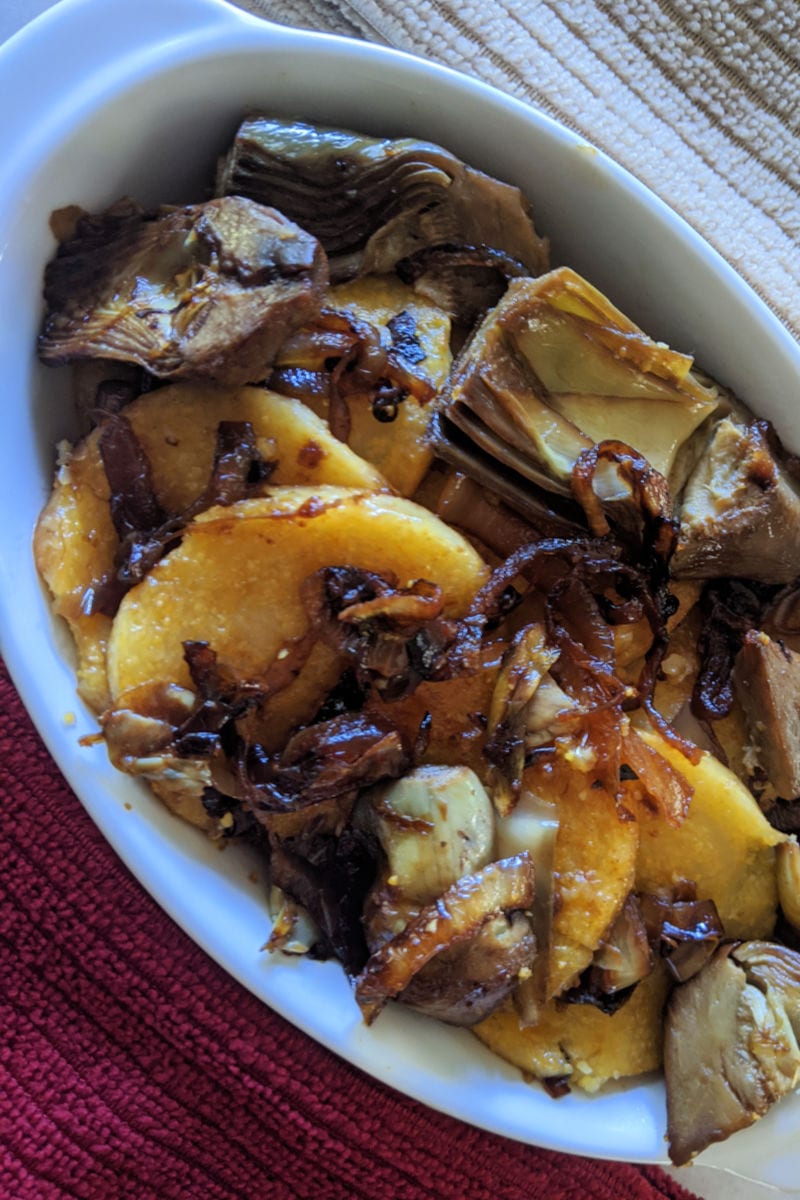 Caramelized Onion and Artichoke Polenta Recipe #Polenta #ArtichokePolenta