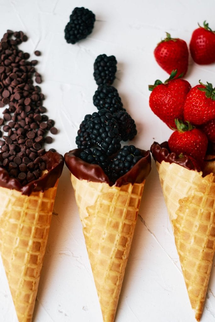 Chocolate Dipped Waffle Cones with Fruit - Mama Likes To Cook