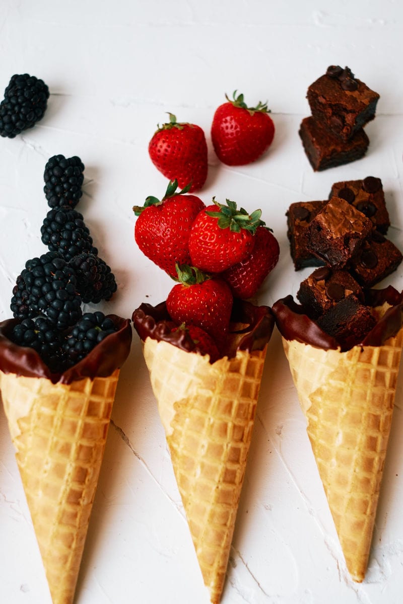 Chocolate Dipped Waffle Cones filled w/ fruit & sweet treats