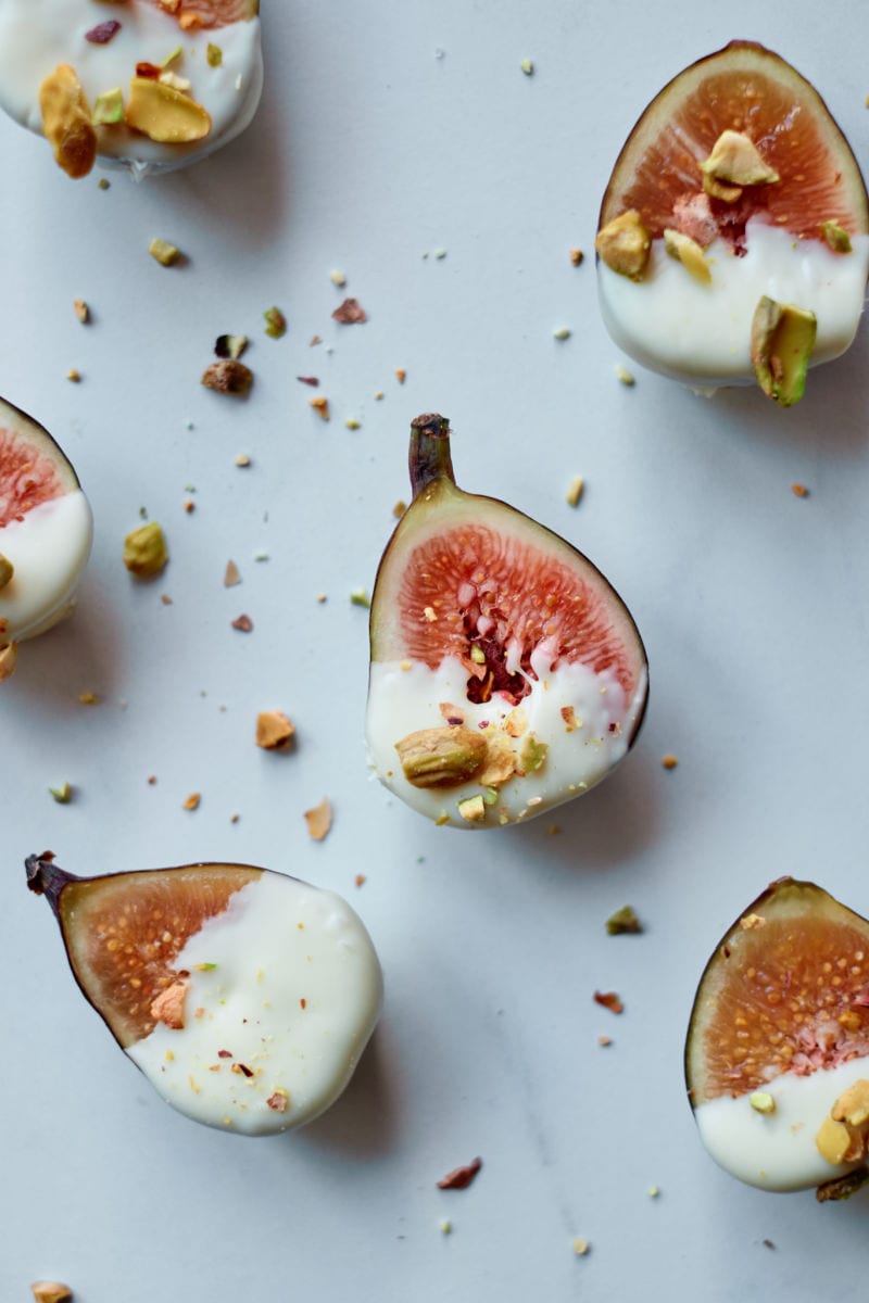 White Chocolate Dipped Figs Recipe with crushed pistachios