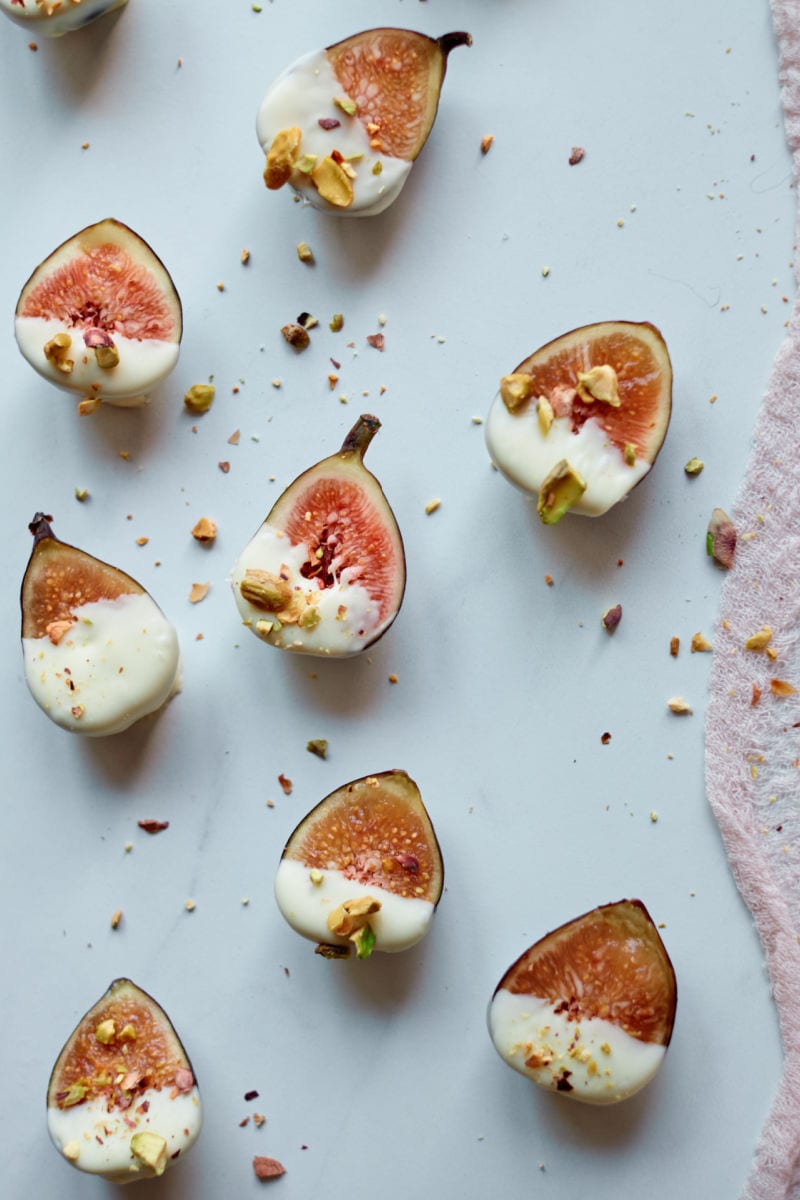 White Chocolate Dipped Figs Recipe with crushed pistachios