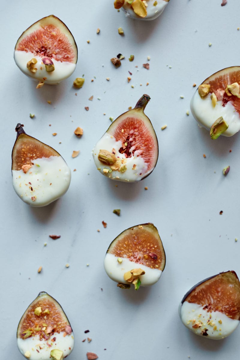 White Chocolate Dipped Figs Recipe with crushed pistachios