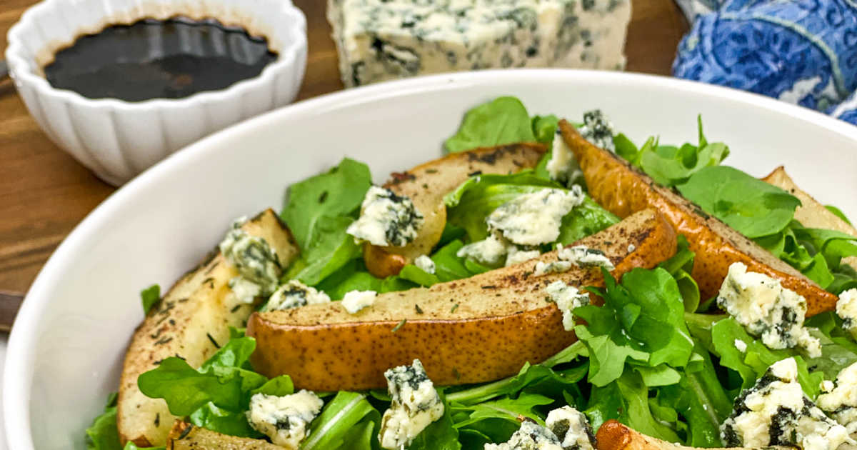 feature blue cheese roasted pear salad