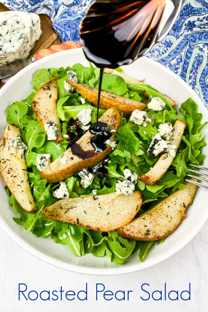 This blue cheese and roasted pear salad is easy to make and only has 5 ingredients, but it is packed with bold, satisfying flavor.