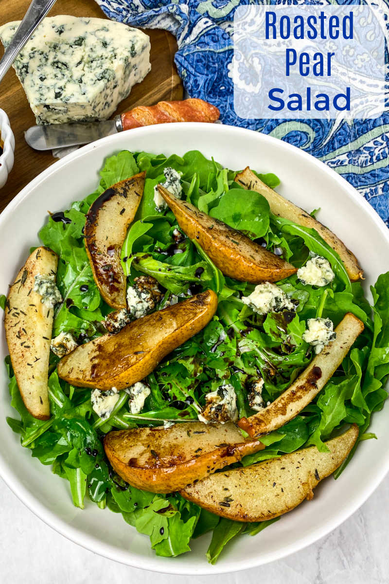 This blue cheese and roasted pear salad is easy to make and only has 5 ingredients, but it is packed with bold, satisfying flavor.