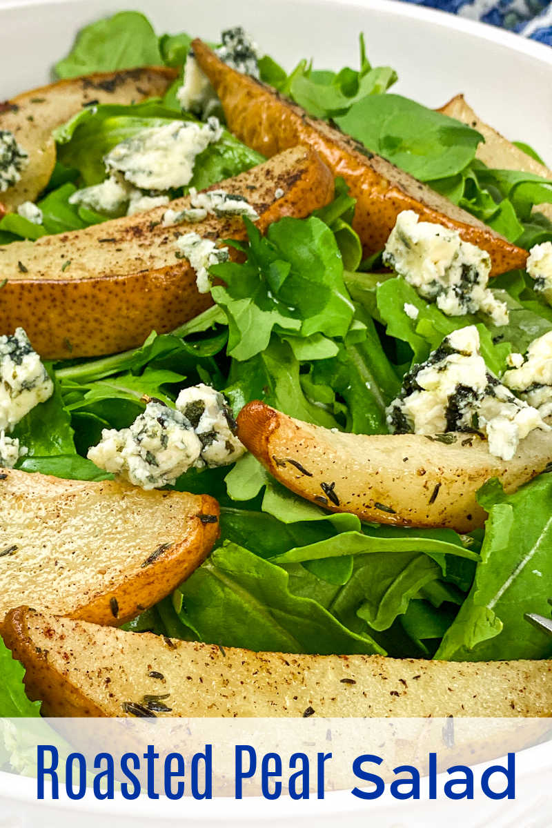 This blue cheese and roasted pear salad is easy to make and only has 5 ingredients, but it is packed with bold, satisfying flavor.