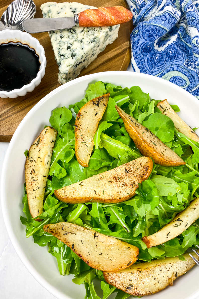 This blue cheese and roasted pear salad is easy to make and only has 5 ingredients, but it is packed with bold, satisfying flavor.