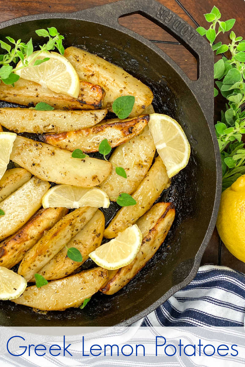 Enjoy these lemon cast iron skillet Greek potatoes, when you want a budget friendly dish that has traditional Mediterranean flavors.