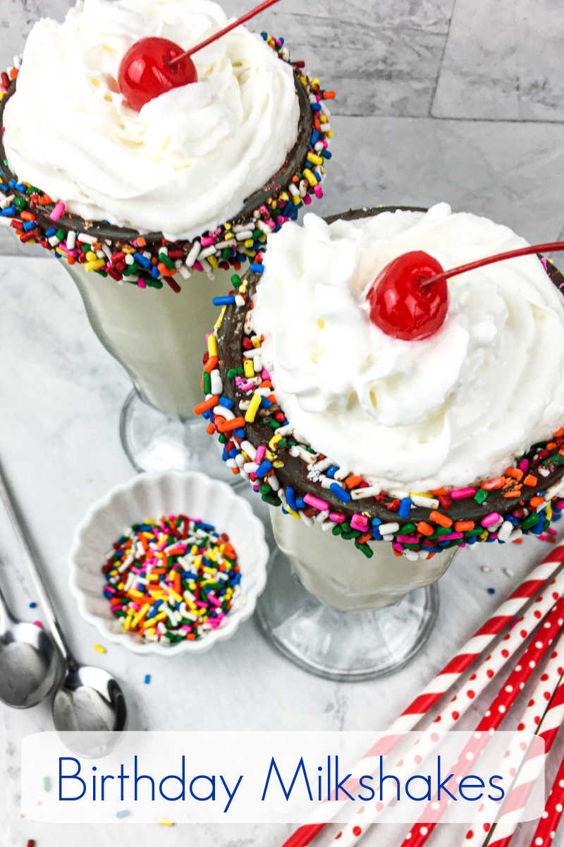 It's time to celebrate, when you make a birthday milkshake with rainbow sprinkles and a chocolate dipped soda glass.