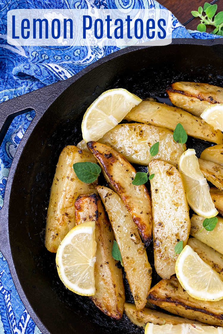 Enjoy these lemon cast iron skillet Greek potatoes, when you want a budget friendly dish that has traditional Mediterranean flavors.