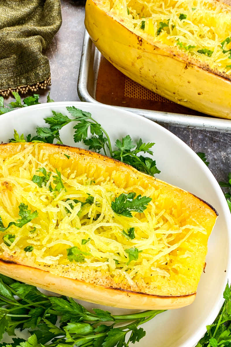 Enjoy this easy roasted spaghetti squash as a low carb pasta alternative, so that you can have a tasty keto friendly meal. 